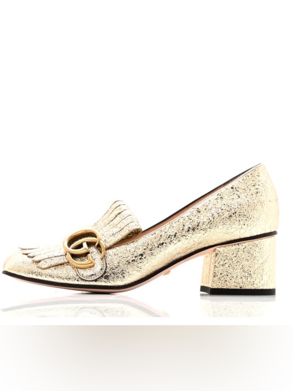 🆕 Gucci Galassia GG Platino Marmont Metallic Gold Block Loafers 37.5/7.5✨